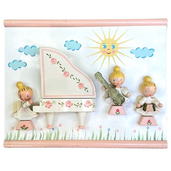 Vintage IRMI Wooden Musical Angels Wall Plaque Hand-Painted Nursery Decor Pink - Picture 14 of 14